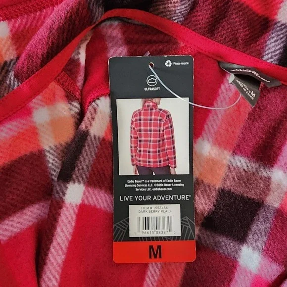 Eddie Bauer Women's Fleece 1/4 Zip Plaid Pullover Top Red Black M - Picture 4 of 6